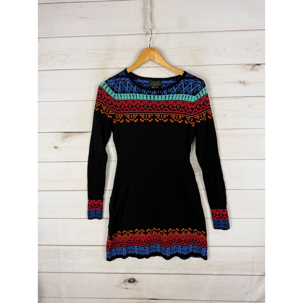 Icelandic Design Sweater Dress Small Black Fair Isle Merino Wool Side Pocket
